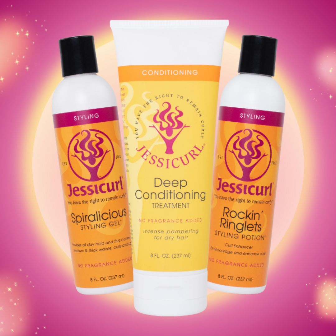 three different 8oz Jessicurl conditioners grouped together against a bright pink background with sparkle hearts around the bottles