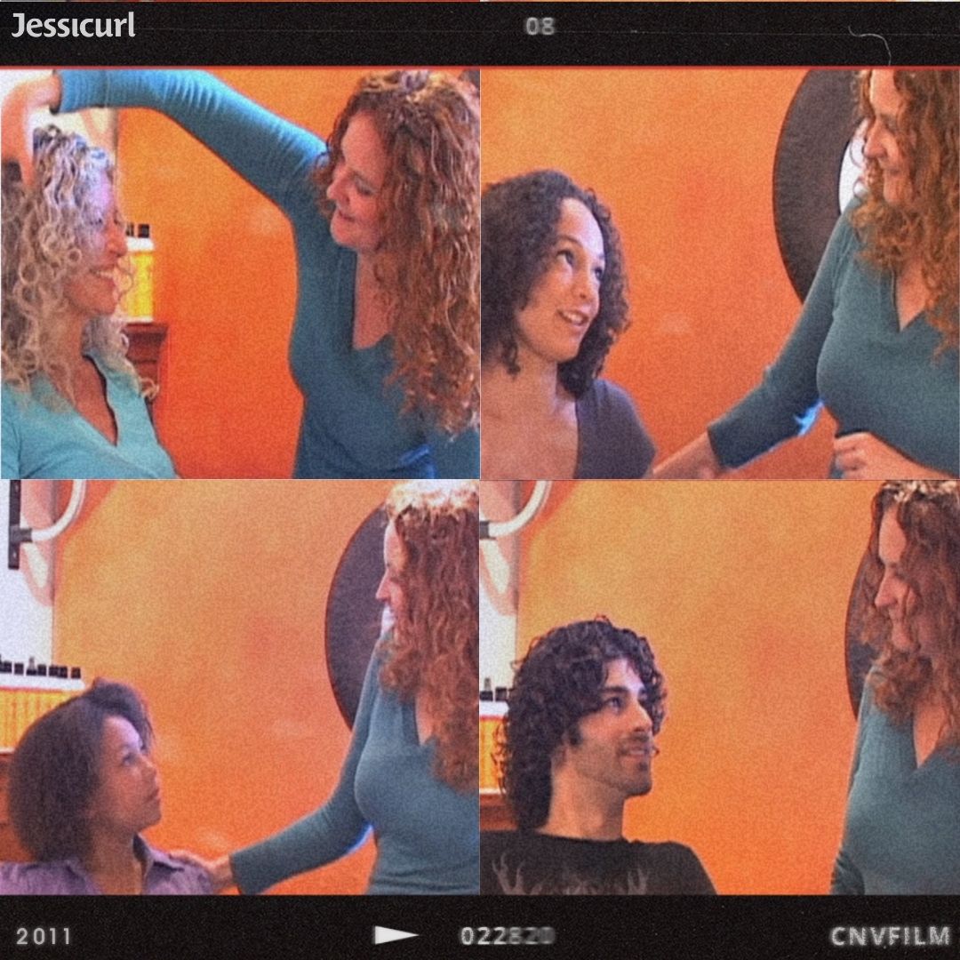 4 images in one collage, all of a curly red haired woman doing different people's hair