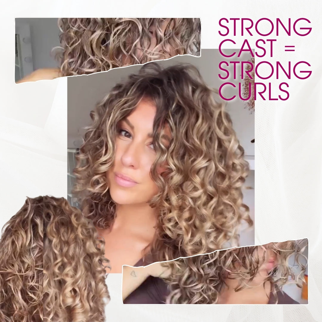 Chief Educator Claire showing off her curls at different stages of her Curl Routine to show how to create a cast