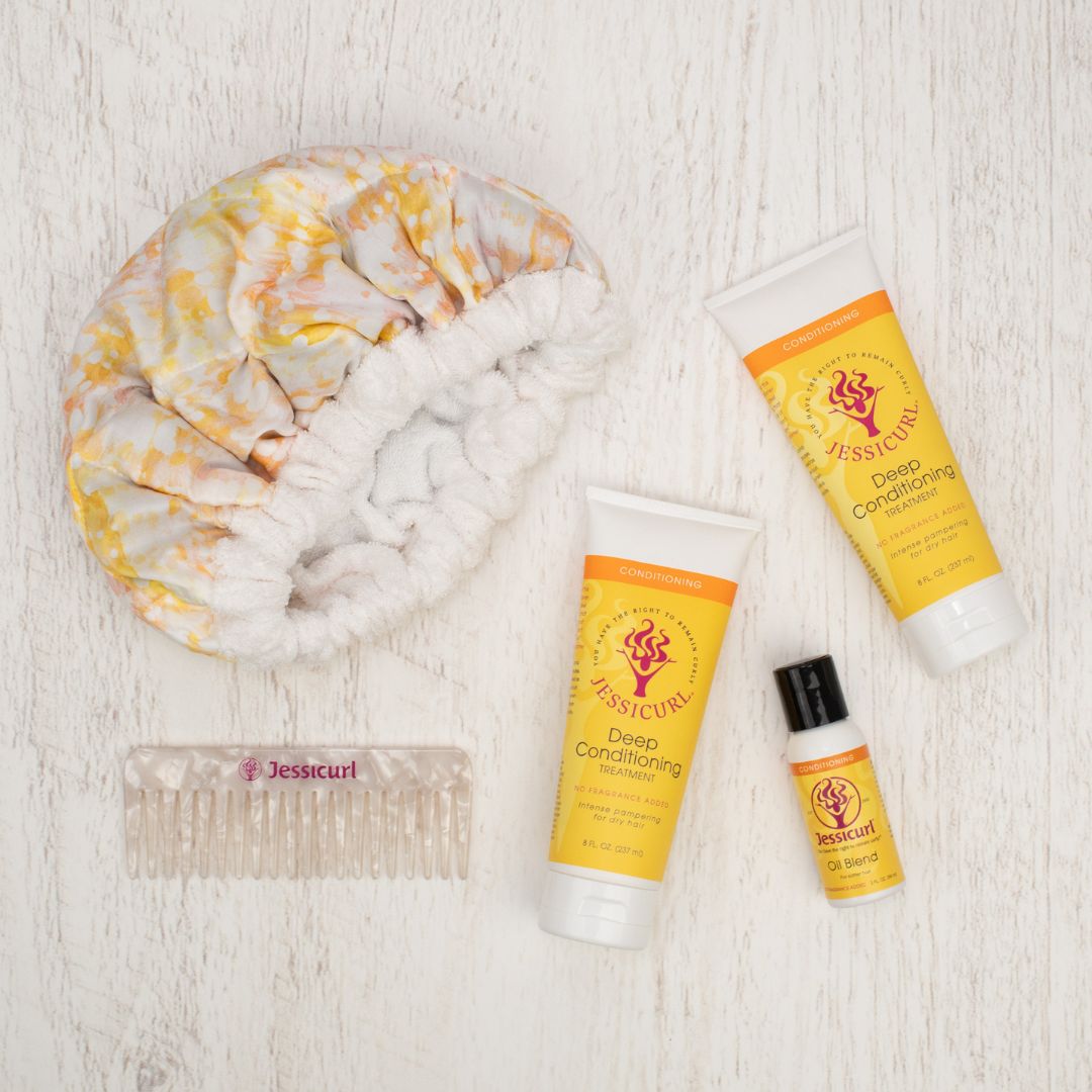Jessicurl's Hot Head, pearlescent Wide-Tooth Comb, Deep Conditioners, and Oil Blend make the perfect team to treat winter curls