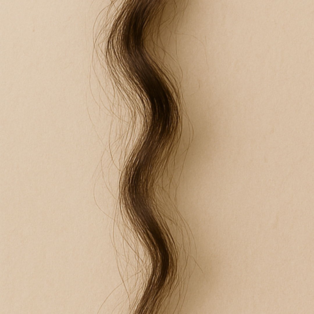 a strand of curly hair against a plain wall