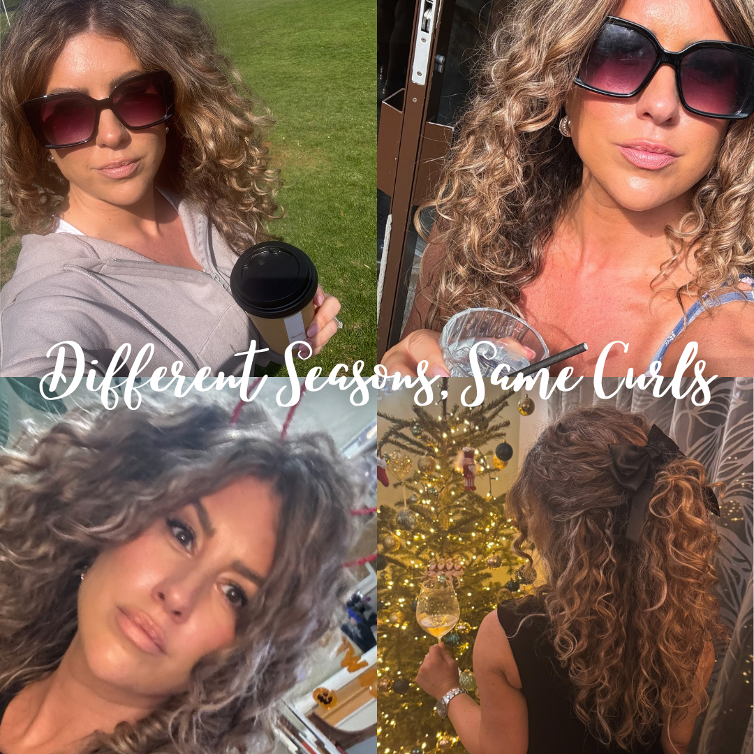a collage of four photos of Chief Educator Claire enjoying different seasons with the same excellent curls