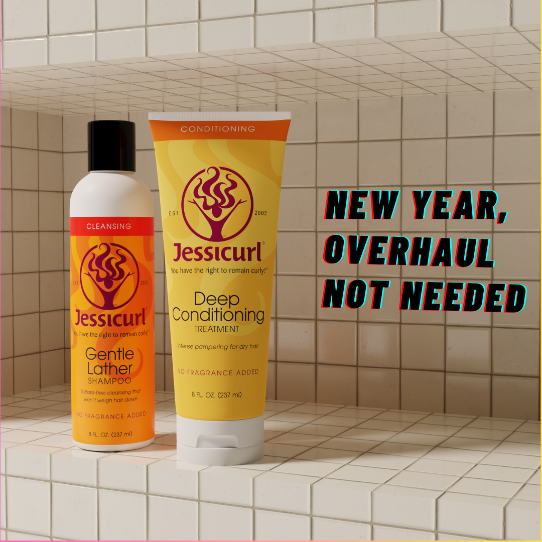Jessicurl Gentle LAther and Deep Conditioning Treatment in a tile bathroom shelf with the text