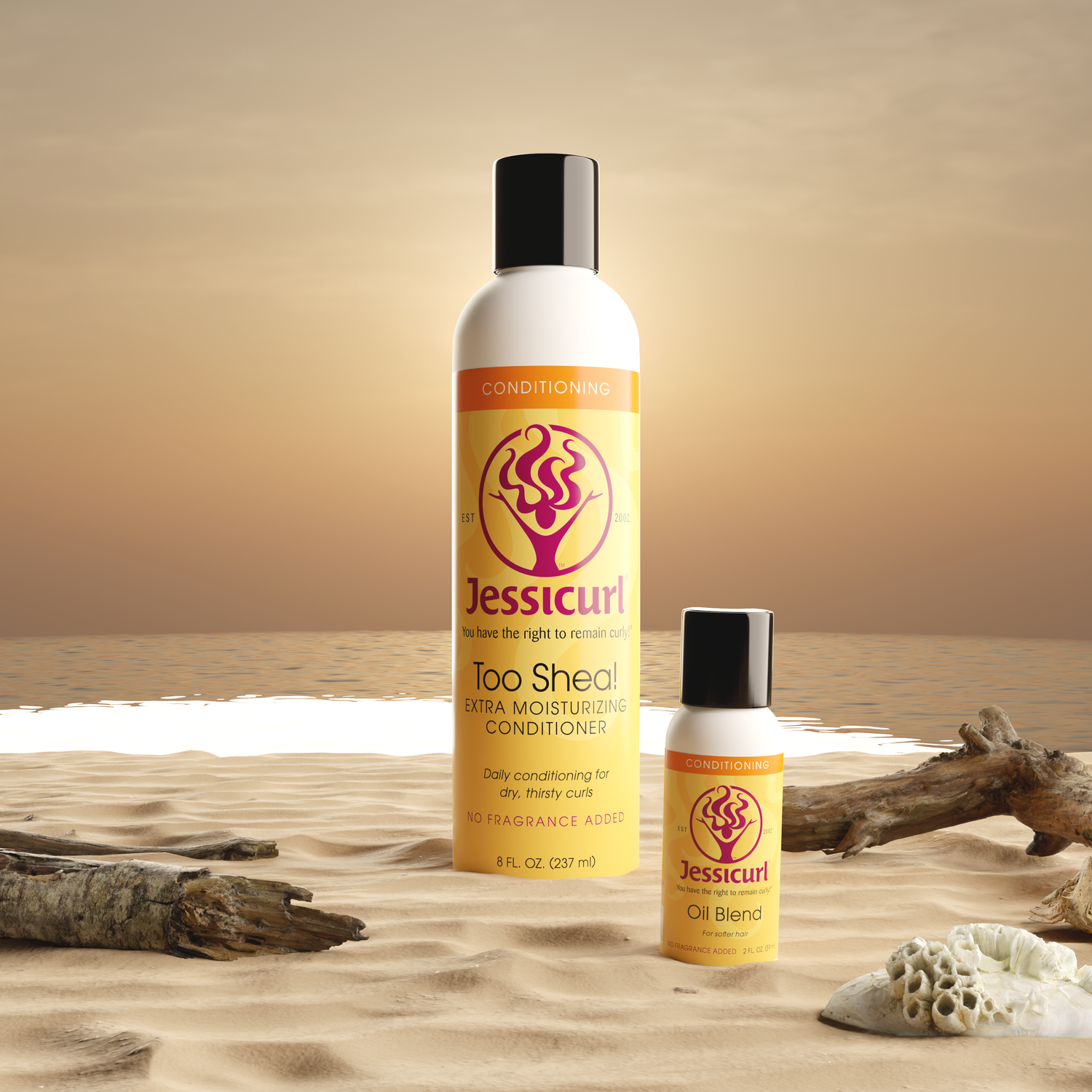 two sizes of Too Shea! Extra Moisturizing Conditioner sitting on a sandy beach with driftwood next to them