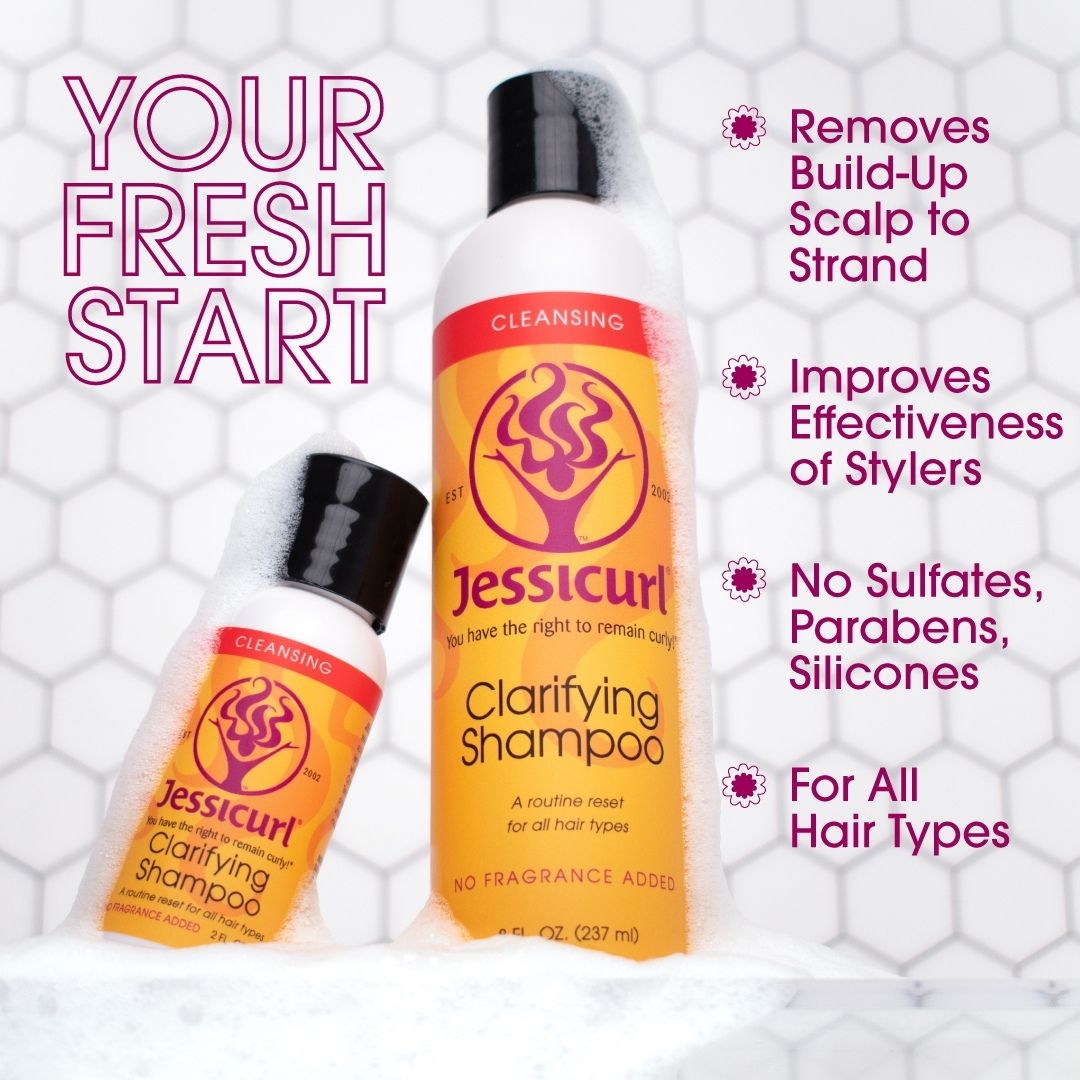 two bottles of Jessicurl's Clarifying Shampoo leaning up against each other with bubble lather around them and text that says YOUR FRESH START