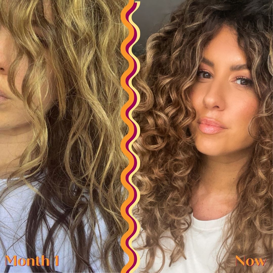 woman showing hair before and after using Jessicurl product, orange, red, and yellow squiggly lines separating the two pictures