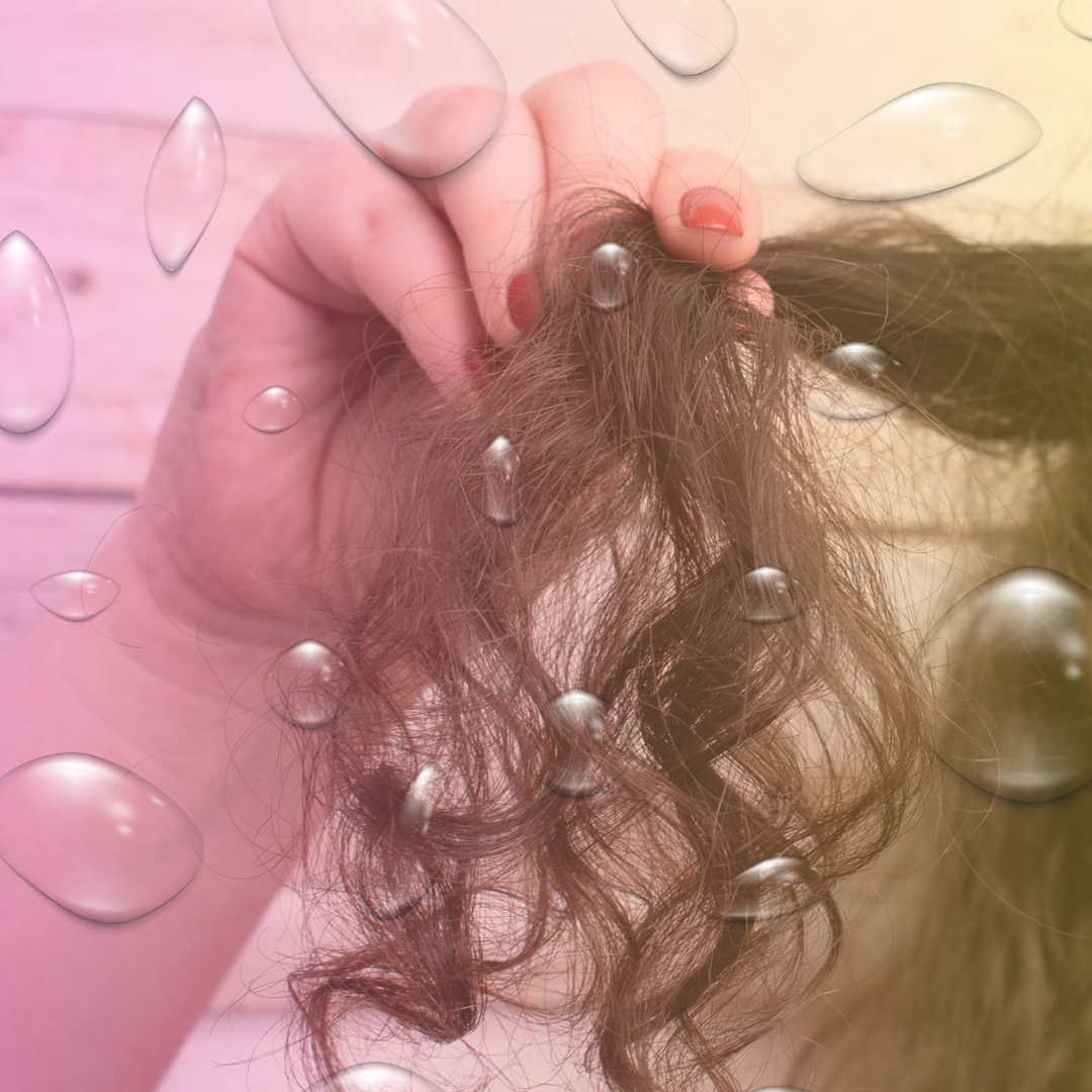 a curly haired woman holding up a chunk of her hair with a colorful overlay