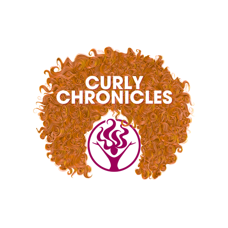 Jessicurl logo surrounded by red-orange curly hair with the text CURLY CHRONICLES in white superimposed over the hair