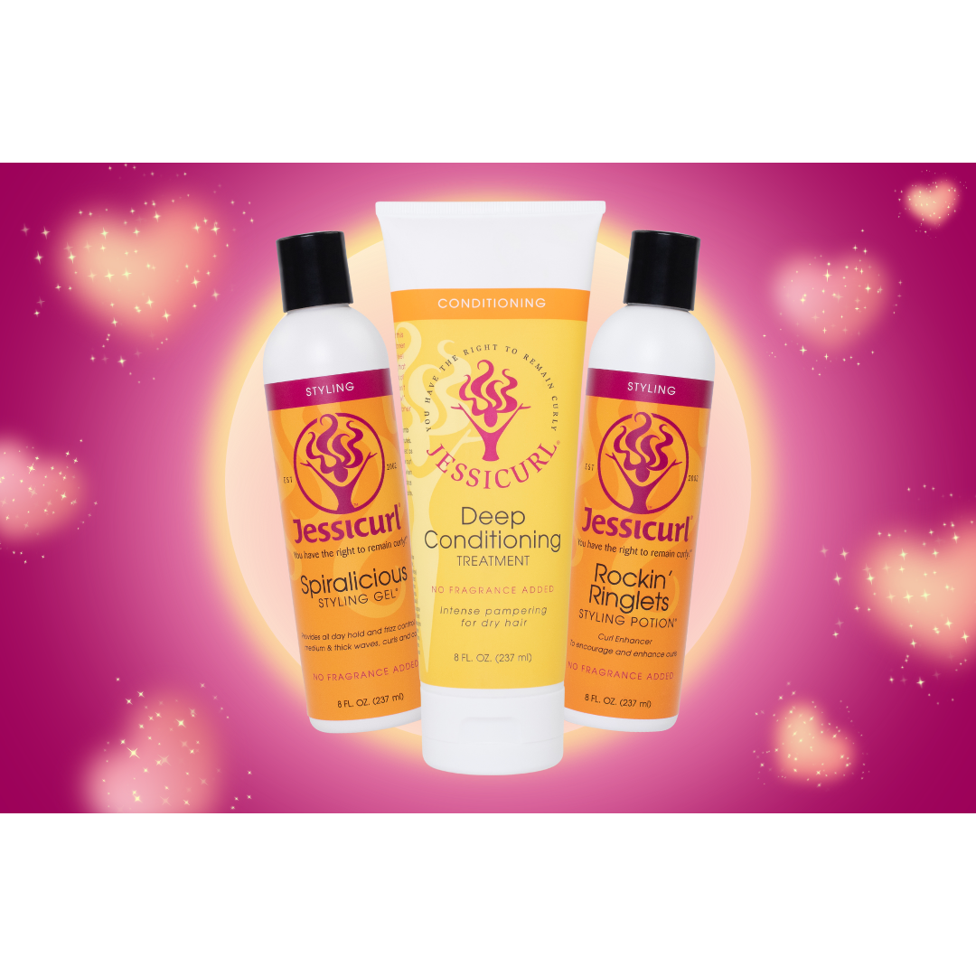 three different 8oz Jessicurl conditioners grouped together against a bright pink background with sparkle hearts around the bottles