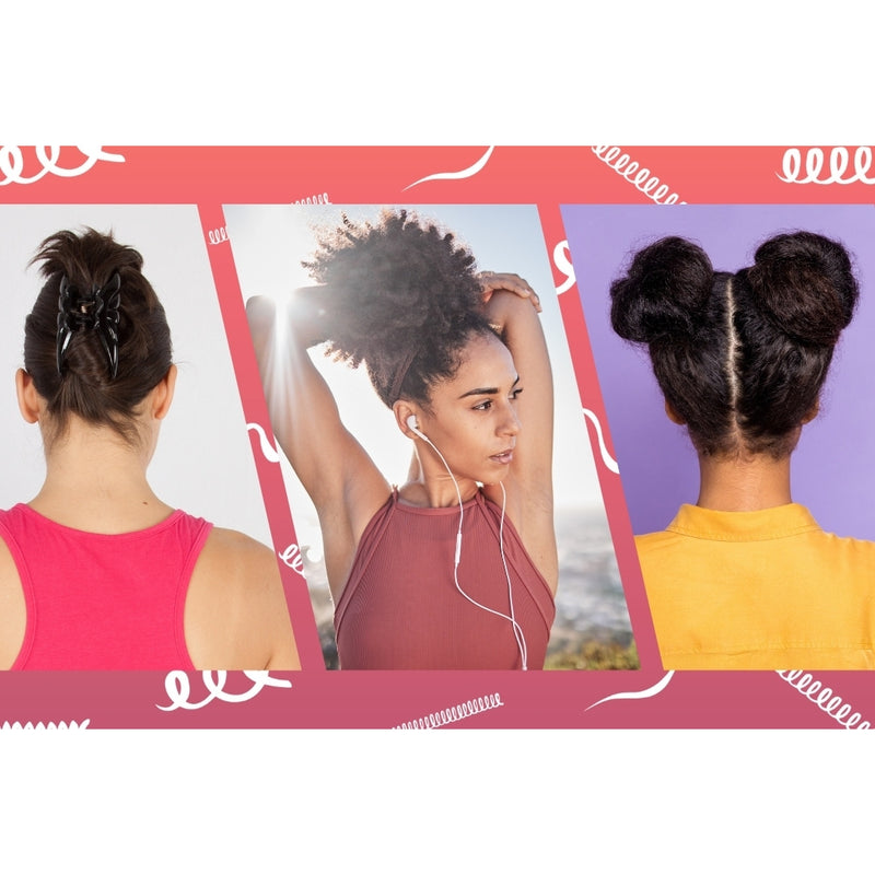 background of drawn curl patterns with three pictures of woman superimposed, each woman has her hair up in a different hair style, ready to work out