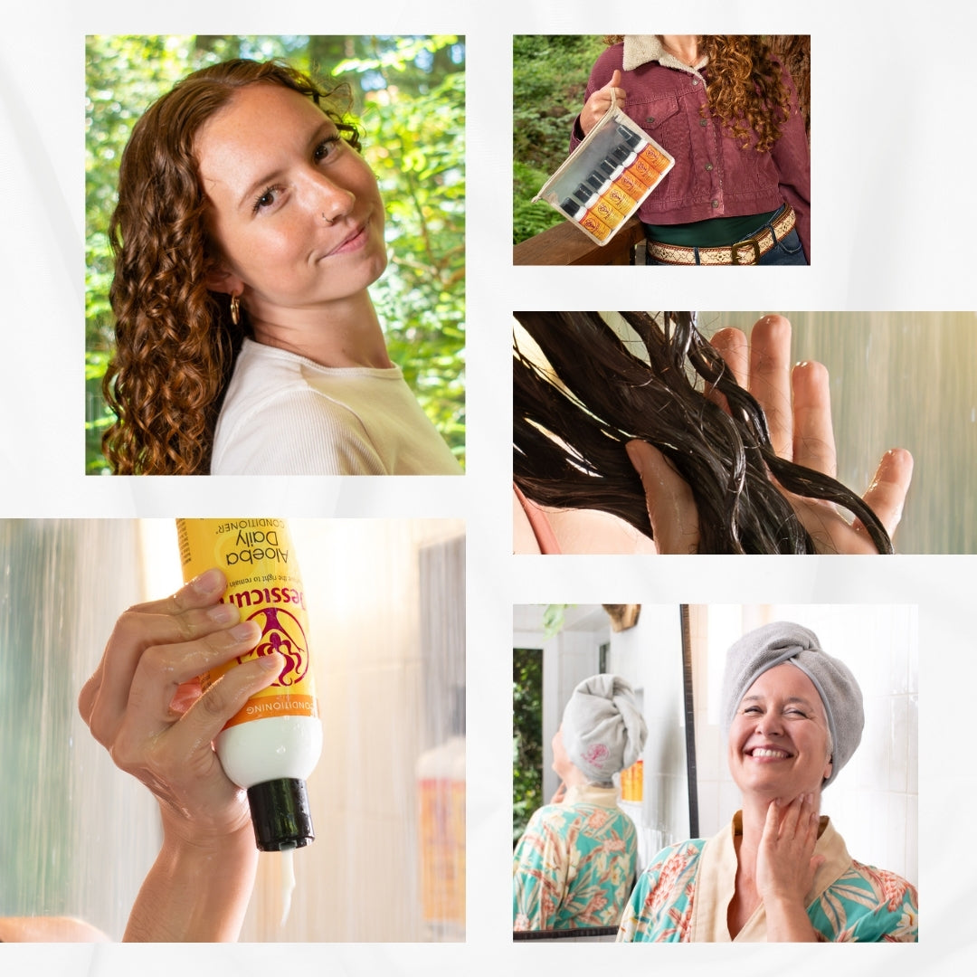 a collage style image with five images of curly haired women using Jessicurl products and showing off their beautiful hair