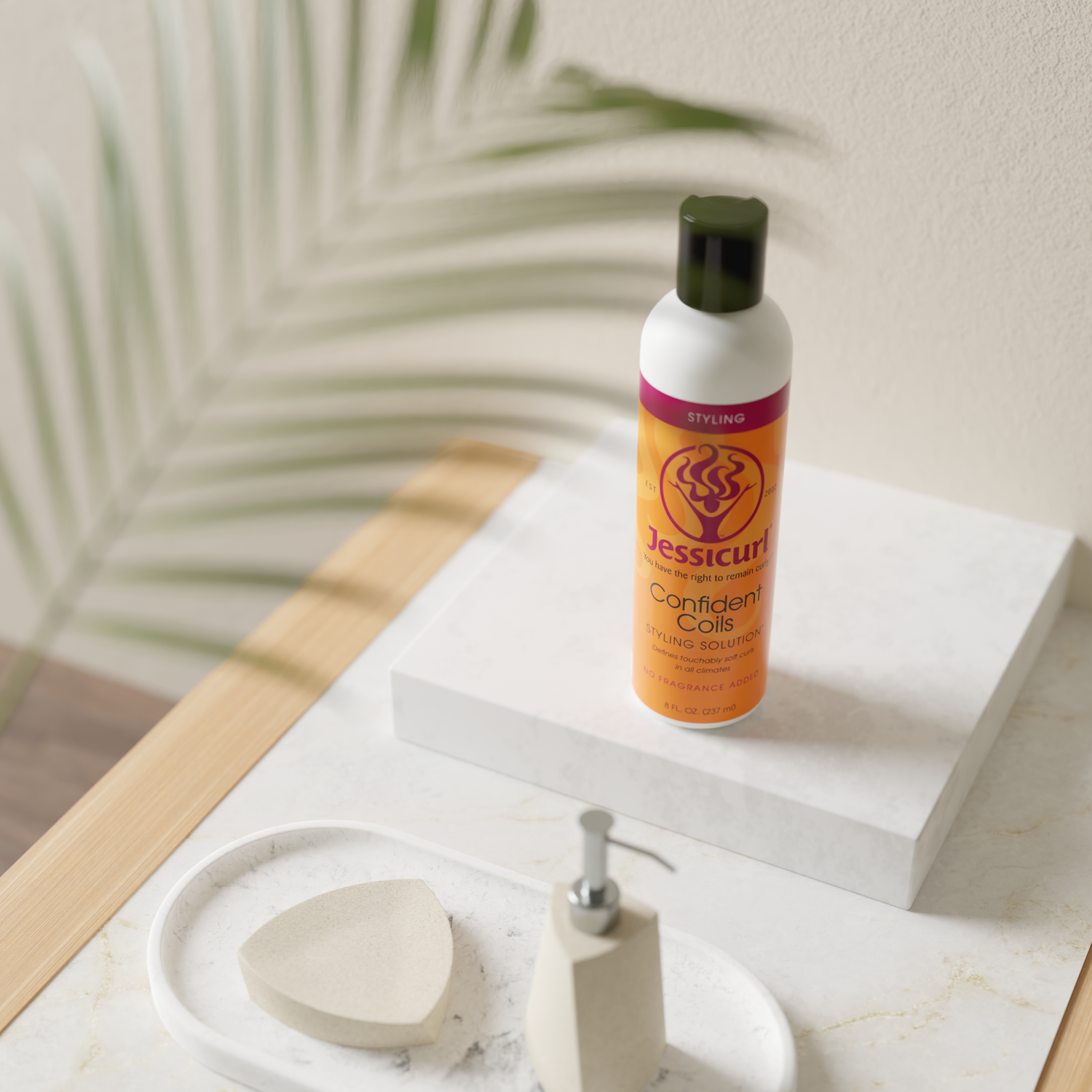Confident Coils Styling Solution on a bathroom counter