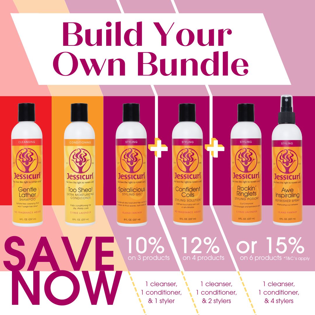 Build Your Own Bundle ad which shows a Cleanser, a Conditioner, and up to 4 stylers can be added to the Bundle - the more you add the more you save!