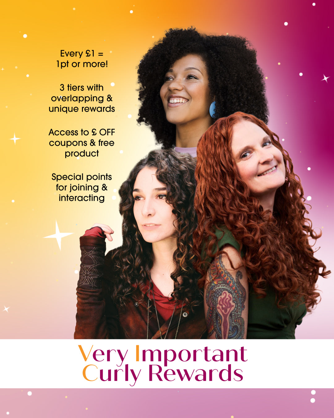 Graphic for Very Important Curly Rewards program with three women of varying curl hair patterns, advertising rewards program features (click to read more).