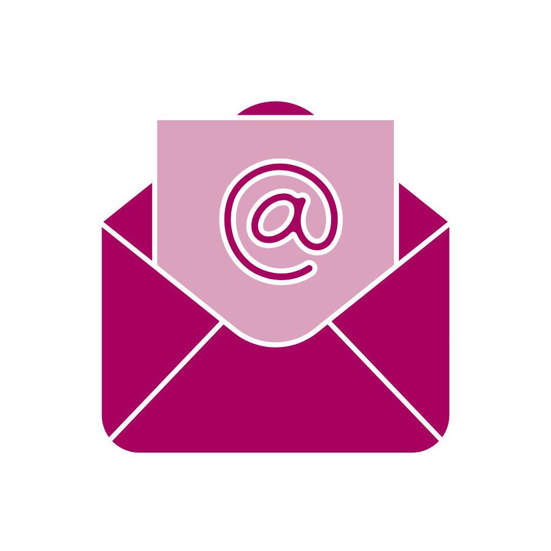 Graphic of open envelope with page containing @ symbol popping out to symbolize email